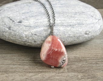 Rhodochrosite Pendant, Oxidized Sterling Silver, Rhodochrosite Necklace, Pink Stone