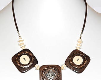 Coconut shell, leather and ostrich egg shell necklace