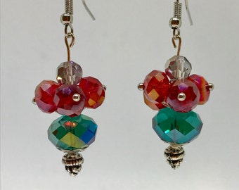 Red and green flower hanging earrings, dangle earrings, green and red drop earrings