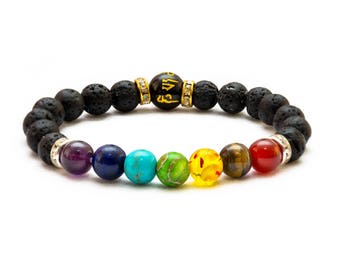 7 Chakra Bracelet. Inspirational Christal Stones with Tibetan Buddhist Six Words Mantras Bead