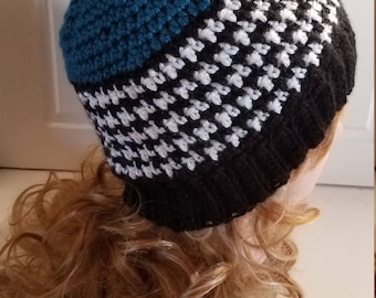 Teal Blue Houndstooth Style Hat. Super soft, for women- Ready to be Shipped