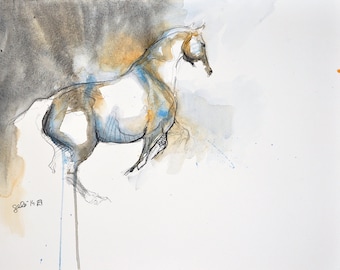 Esquive 3t - Original Black Chalk and Watercolor Horse Drawing