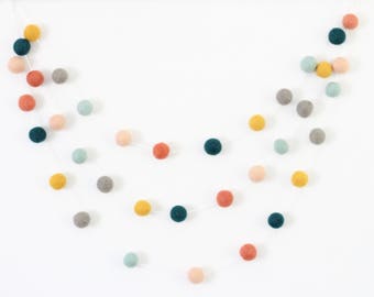 Santa Fe Garland- Felt Ball Garland- Girl Nursery Decor- Pom Pom Garland- Felt Garland- Tribal nursery Decor- Peach Peacock Coral Mint- Baby