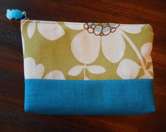 Green and teal cosmetic bag, turquoise pouch, cosmetic bag, cosmetic pouch, zippered pouch, makeup bag, travel bag, makeup pouch, upcycled