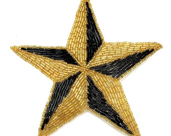 Star Applique, Gold and Black Beaded, 5.5" -B284