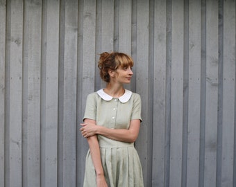 Linen Dress - Peter Pan Collar Dress - Midi Dress - Classic Dress - Handmade Dress - Pleated Skirt Dress - Handmade by OFFON