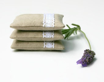 Lavender Pillows Lavender Sachets - Set of 3 - Linen and Lace - Minimal Classic Decor Scented Gift