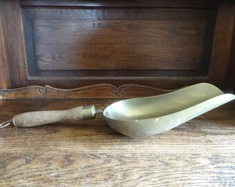 Vintage French large brass wood handled metal flour food scoop industrial agricultural commercial shop retail circa 1950-60's / English Shop