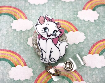 Marie Aristocats White Kitty Cat Pink Bow Nurse Rn Cna Badge Reel retractable Work Id Holder Technician Medical Assistant Animal Lover Cute
