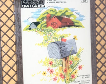 Paragon Country Scene Creative Crewel Stitchery Kit -- 13" x 15", Includes Lattice Frame -- Barn, Flowers, Mailbox, Countryside -- 1981