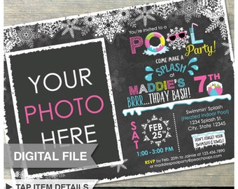 Pink Winter Pool Birthday Party Chalkboard Invitation Snow Indoor Pool - Photo - DIGITAL Printable Invite - 5” x 7”