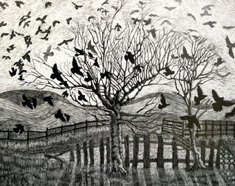Art Card Dance of Crows from original scraperboard