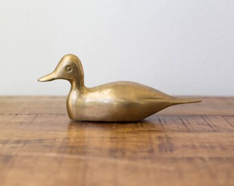 Vintage Brass Duck Figurine / Brass Duck Paperweight / Brass Decoy / Mid Century Brass