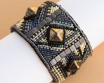 Bead Embroidered Black and Silver Bracelet
