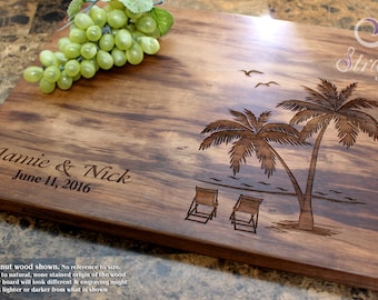 Beach With Palms Personalized Cutting Board - Engraved Cutting Board, Wedding Gift, Anniversary Gift, Housewarming Gift, Corporate Gift. 409