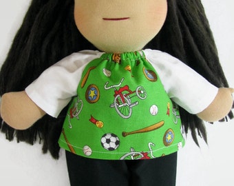 Waldorf doll sports top, 14 15 16 inch doll clothes, sporty cotton shirt and black twill pants