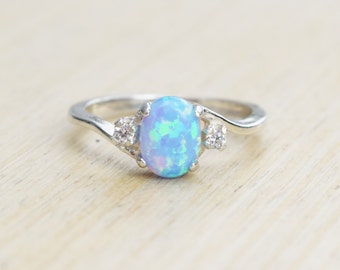 Silver Lab Opal Ring, Blue Opal Ring, Light Blue Opal Ring, Opal Engagement Ring, Promise Ring, Anniversary Gift For Her, October Birthstone
