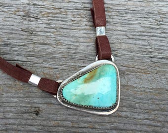 Sterling Kingman Turquoise. Handmade . Rustic . Hand Forged. Soft Leather . Rustic Necklace