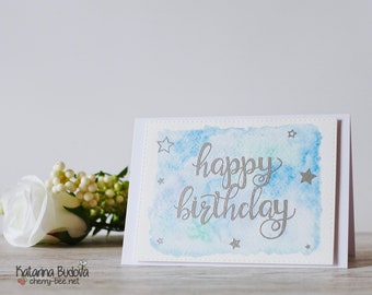 Handmade Happy Birthday Card with Blue Watercoloured Background and Silver Heat Embossed Sentiment, A6, Blank with Envelope