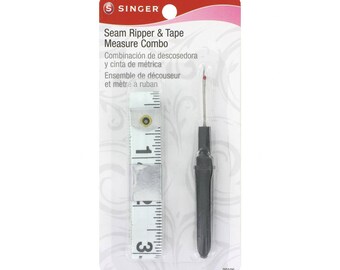 Singer Seam Ripper and Tape Measure Combo Pack. 60" long non-stretch White tape measure with IN and CM. Black seam ripper with cap. #00106