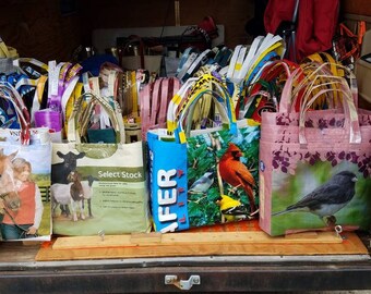 Upcycled Birdseed and Animal Feed Reusable Shopping Grocery Tote Bags - by Yarrish Arts