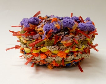 Rag basket made with recycled clothing and novelty yarns