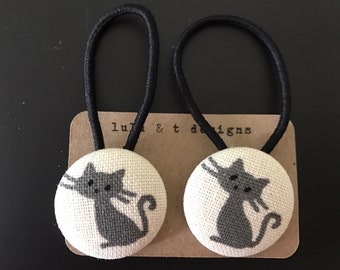 Cat hair ties, Cat fabric covered button hair tie pair