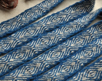 Indigo blue and grey tablet woven belt/ sash/ viking clothing / plant dyed wool / dark blue band / viking trim / blue larp band / sca trim