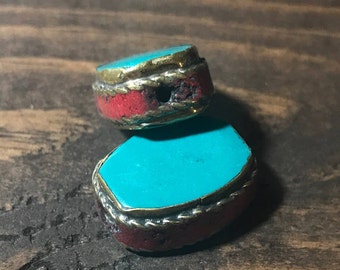 Large Nepalese Bead || Turquoise + Coral