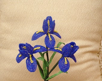 3 Handmade Dark Blue/ Purple Iris's .. French Beaded Flowers