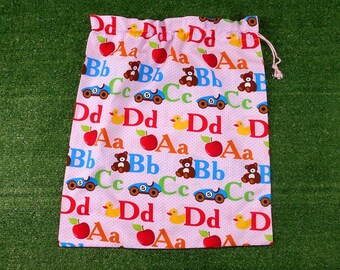 Girls drawstring library bag or kindy sheet bag, pink alphabet ABC bag