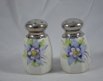 Vintage salt and pepper shakers blue purple flowers white ceramic blue