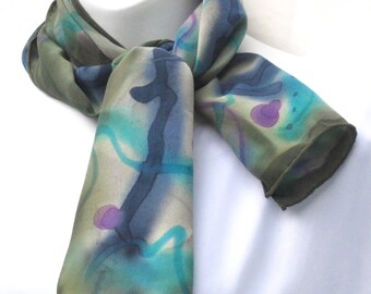 Handpainted silk scarf: olive/sage greens, navy blue, magenta purple. Scarf, hand painted silk. "Rescue scarf".