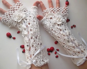Crocheted Cotton Gloves L Ready To Ship Victorian Fingerless Summer Women Wedding Lace Evening Hand Knitted Bridal Opera White Corset B75