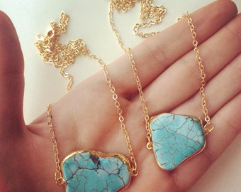 Gold Dipped Turquoise Necklace, Turquoise Slice Pendant, Slice Gemstone, Gemstone Necklace, Turquoise Nugget Necklace, Boho Necklace.