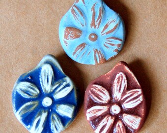 3 Handmade ceramic beads - Pinch top Daisy beads in rustic glazes - rust, neutral, denim and more