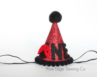 Ladybug Birthday Party Hat Red Black Cake Smash Headband Glitter Mini Custom First One Lady Bug