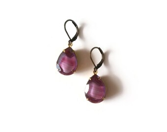 Purple Earrings - Plum Earrings - Vintage Inspired Jewelry - Vintage Cabochon - Purple Drops Earrings (SD1071)
