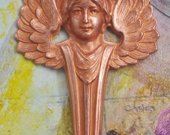 Angel Brass Stamping on a Pedestal, Rose Gold Ox, Brass Stampings Made in the USA