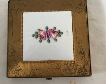 Vintage Compact Enameled Floral Rex Fifth Ave. Collectible Display Purse Handbag Accessory Vanity face powder make up brass USA