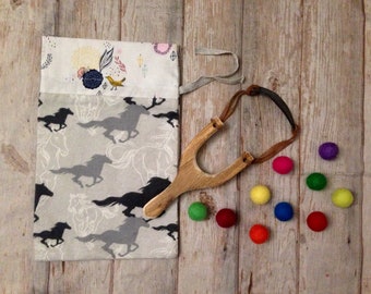 WOODEN Sling Shot with GIFT BAG and felt balls, old time toy, antique toy, unique child gift, wood slingshot, complete birthday gift set