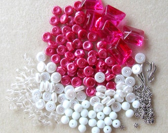Glass Beads, Glass Pearl Rondelles, Bead Combo, Bead Kit, DIY Jewelry Kit, Necklace Kit, Beads for Jewelry Making, Nugget Beads, Pink White