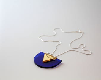 Half Circle Pendant - Blue & Gold Mirror - Laser Cut Acrylic on Silver Snake Chain