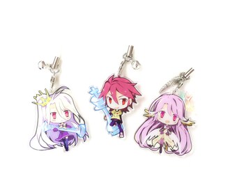 Shiro, Sora, and Jibril - Double Sided Front & Back No Game No Life Anime Acrylic Charms with Phone Strap