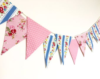 New Pink and Blue Fabric Banners, Garland, Wedding Bunting,Garland, Floral, Roses, Stripes, Polka Dots - 3 yards