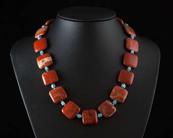 Red Stone Necklace - Chunky Statement Red Jasper and Turquoise Beaded Gemstone Necklace