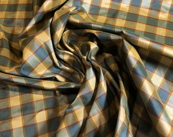 2 yard Remnant - 100% Silk Taffeta Plaid 54"w Blue/Pink/Gold/Orange Check