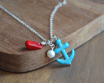 Boho Summer Necklace, Turquoise Anchor Necklace with Coral Drop and a Pearl, Ocean Lover Gift, Nautical Necklace, Collier Ancre