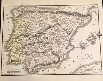 1890 Map of Spain and Portugal, Original Antique Color Map by Rand McNally
