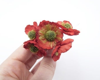 6 Red Poppy Flowers Small Flowers Silk Flowers Artificial Flowers Fake Flowers Silk Flowers Green Decorative Flowers Craft Flowers